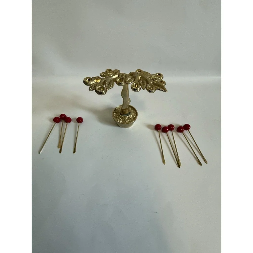 RARE MID CENTURY MODERN CHERRY TREE GOLD PLATED COCKTAIL PICKS SET BAKELITE